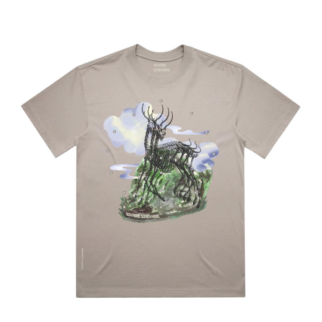Nowhere Somewhere Antelope Tee in mushroom colour with boxy fit and wide neck ribbing