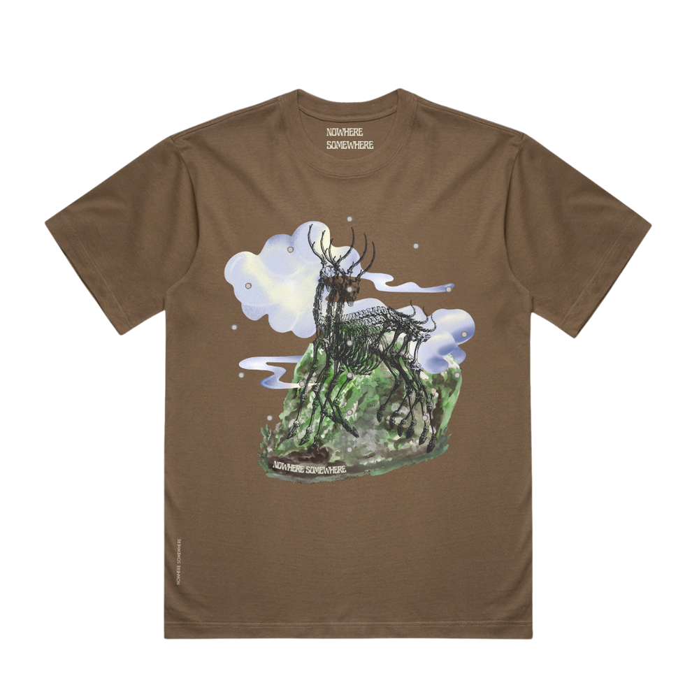 Nowhere Somewhere Antelope Tee in nut brown with relaxed silhouette and dropped shoulders