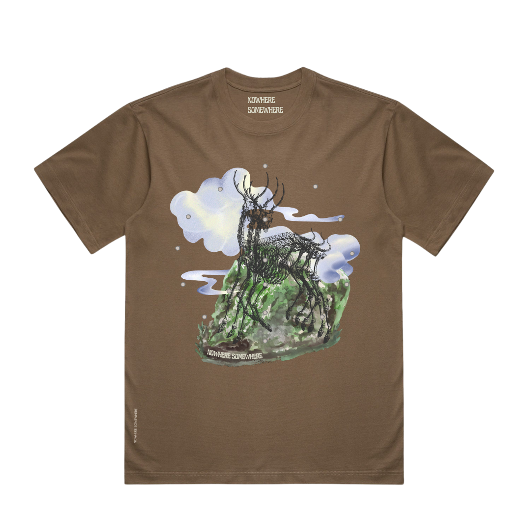Nowhere Somewhere Antelope Tee in nut brown with relaxed silhouette and dropped shoulders