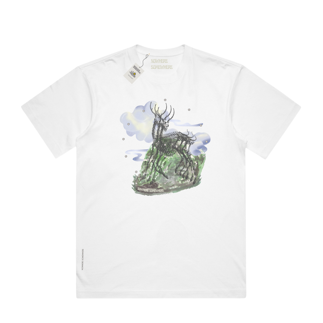 Nowhere Somewhere Antelope Tee in white with boxy cotton construction and minimalist finish