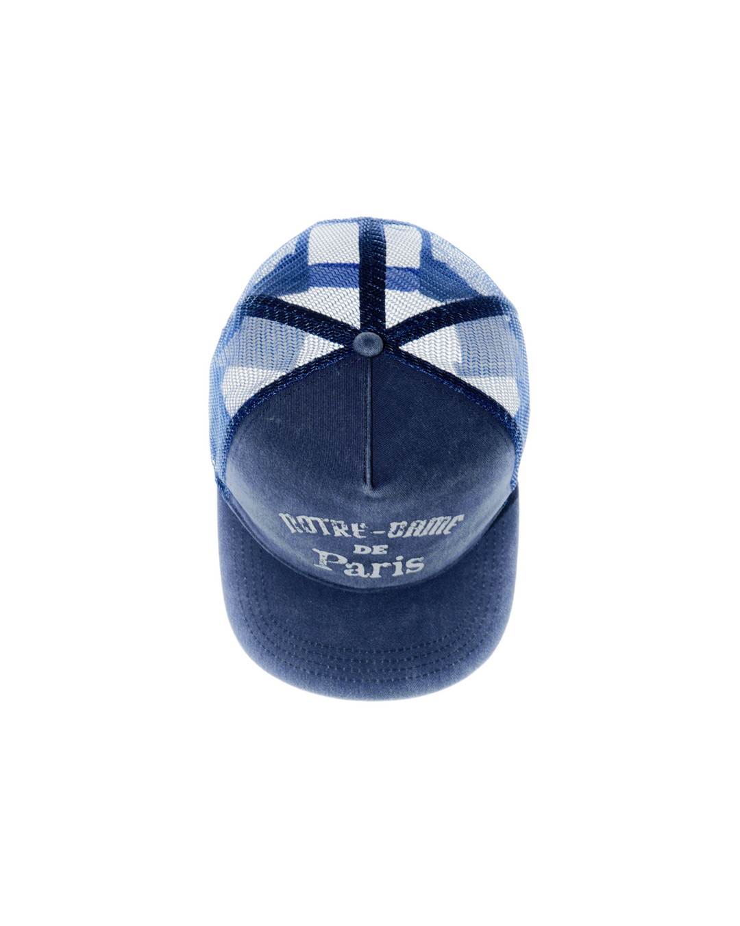 Washed Indigo Mesh Cap by Lievre Running featuring 5 panels and adjustable snapback with vintage Notre-Dame de Paris design.