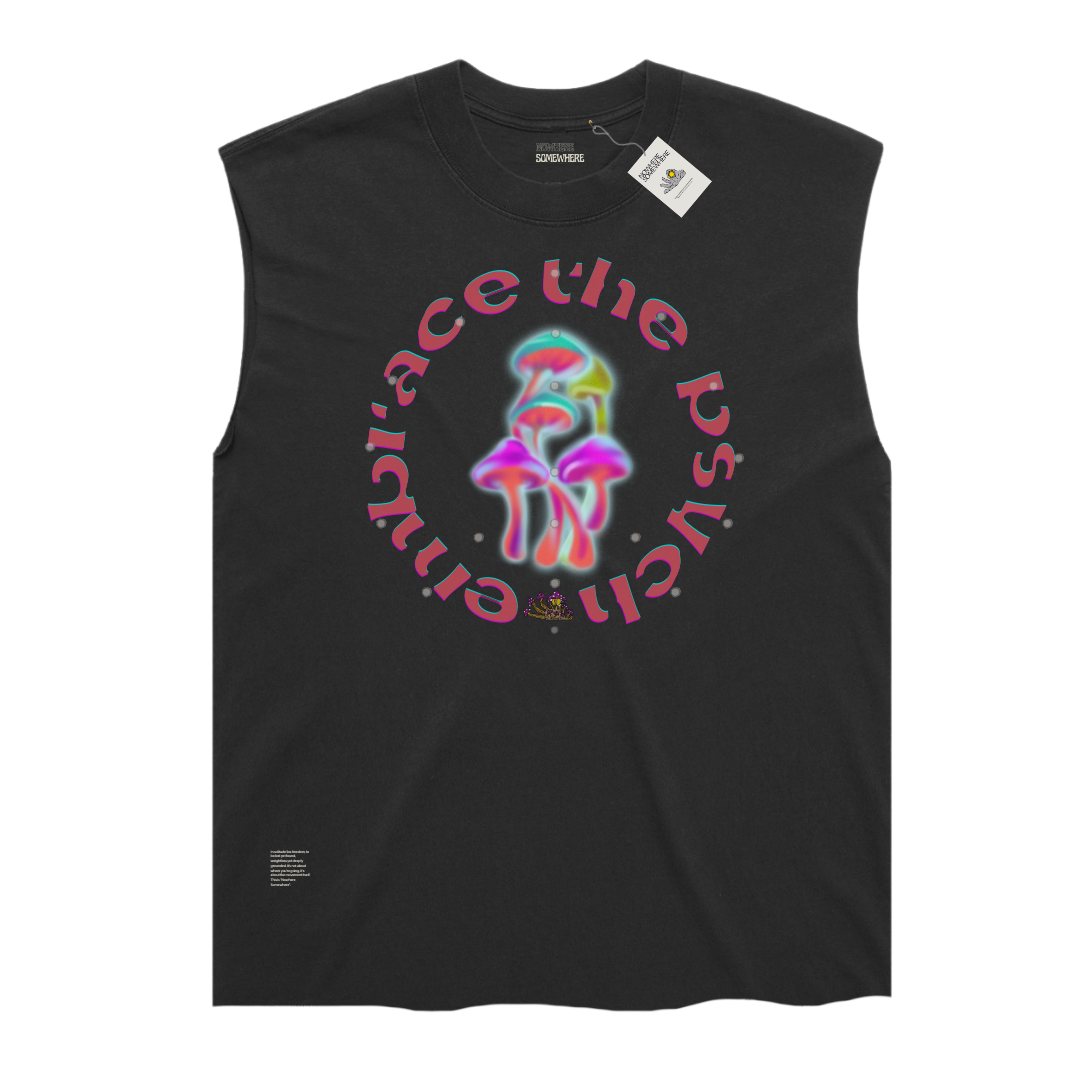 Nowhere Somewhere Embrace the Psych running tank in black with raw edge cropped finish