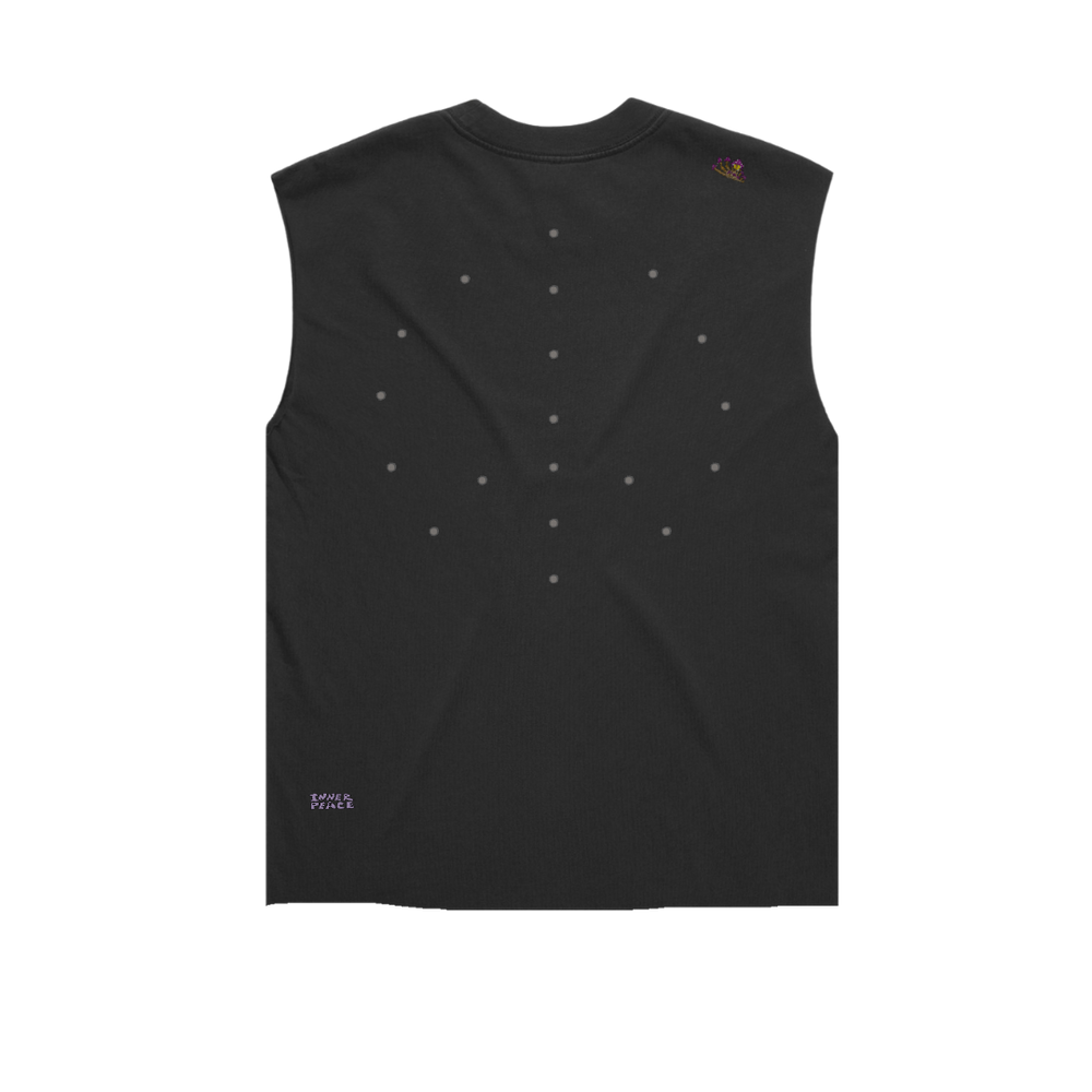 Nowhere Somewhere Embrace the Psych running tank in black with raw edge cropped finish