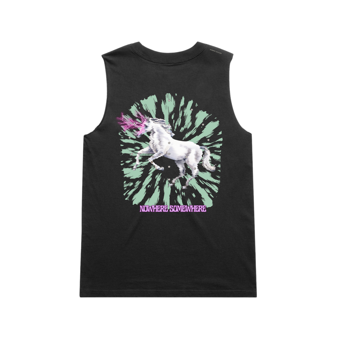 Nowhere Somewhere Lightning Horse Tank in black with PeaceBreathe ventilation and raw edge finish