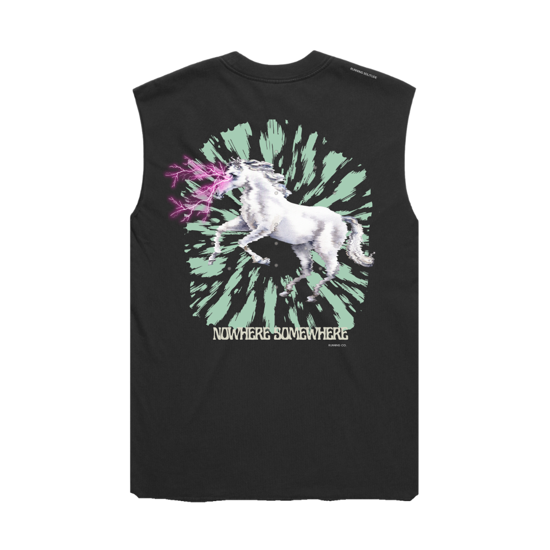Nowhere Somewhere Lightning Horse Tank in black with PeaceBreathe ventilation and raw edge finish