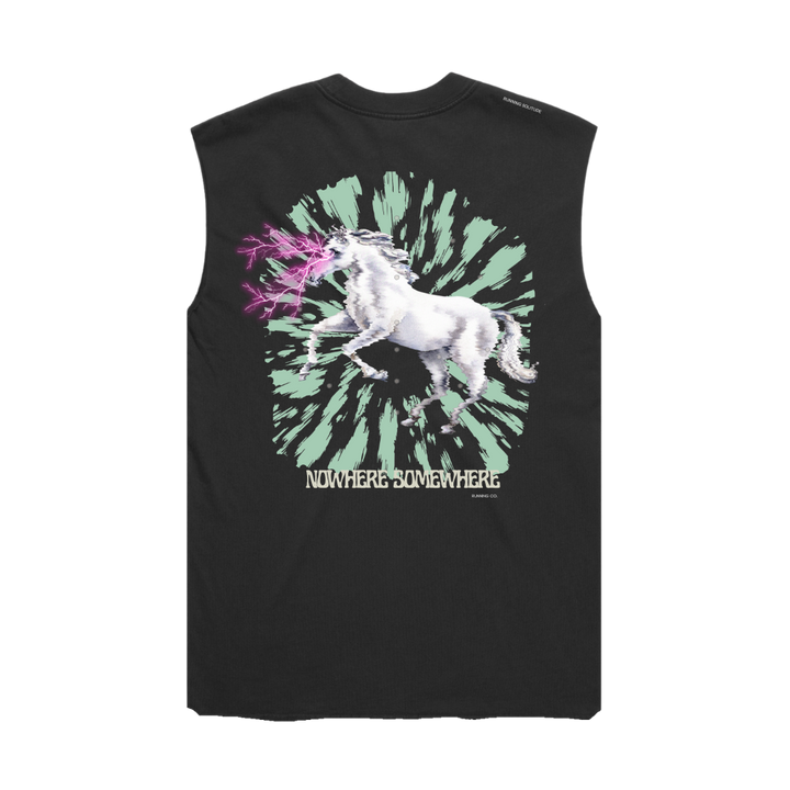 Nowhere Somewhere Lightning Horse Tank in black with PeaceBreathe ventilation and raw edge finish