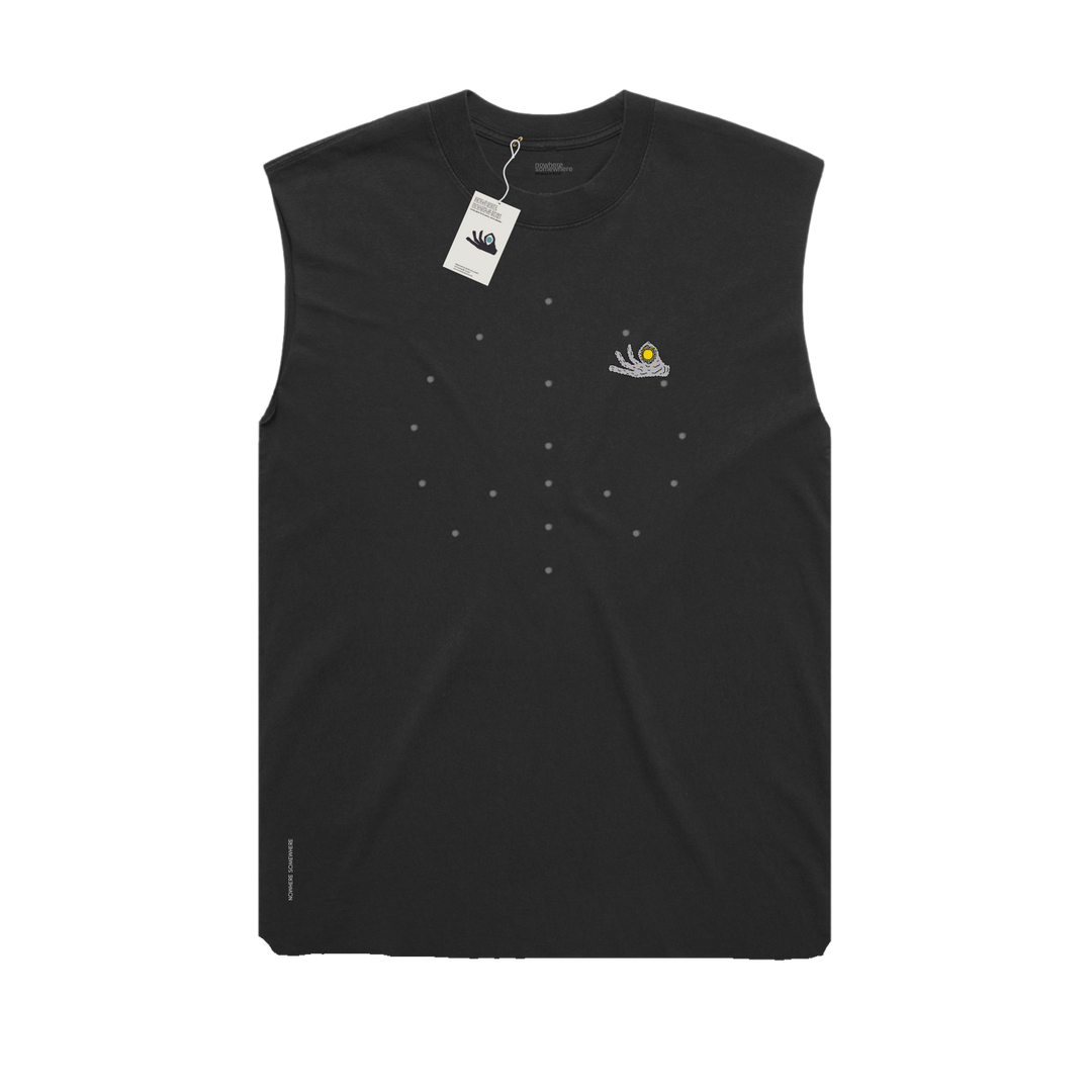 Nowhere Somewhere Lightning Horse Tank in black with PeaceBreathe ventilation and raw edge finish