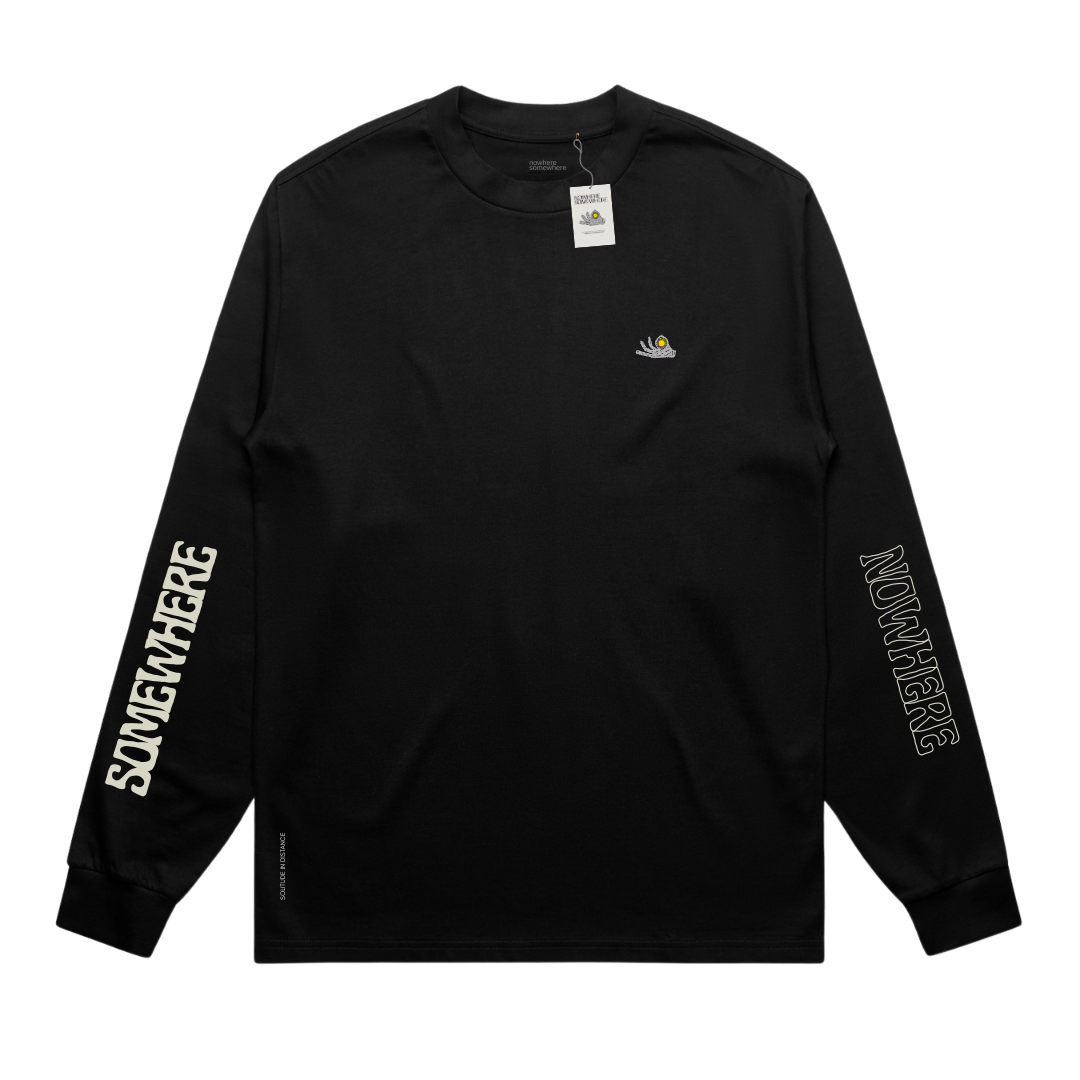 Nowhere Somewhere cotton long sleeve with logo printed on each sleeve for cooler days