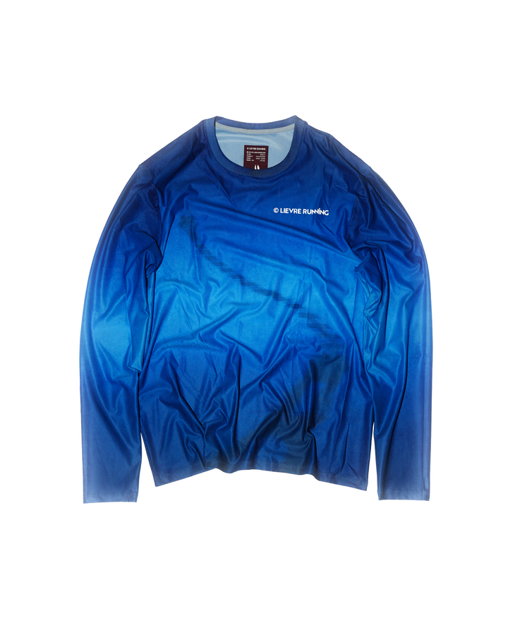 Lievre Running Lightweight Blue LS shirt in a gradient blue design with performance fit for running.
