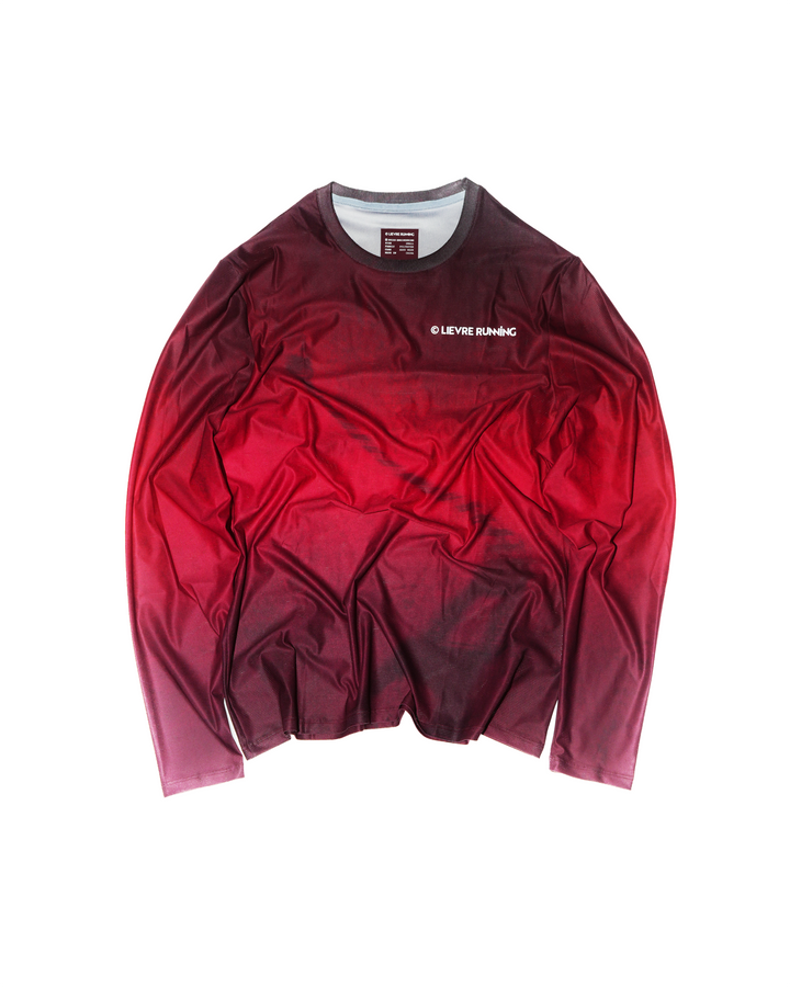 Lievre Running Lightweight Red LS shirt showcasing a gradient of red tones inspired by the French flag.