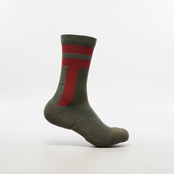 Khaki crew-length T2 Ultra Socks by Tabisuke Tabizo, featuring foot-mapped knit structure, arch compression, and Dralon Cotton fabric for trail running and fastpacking.