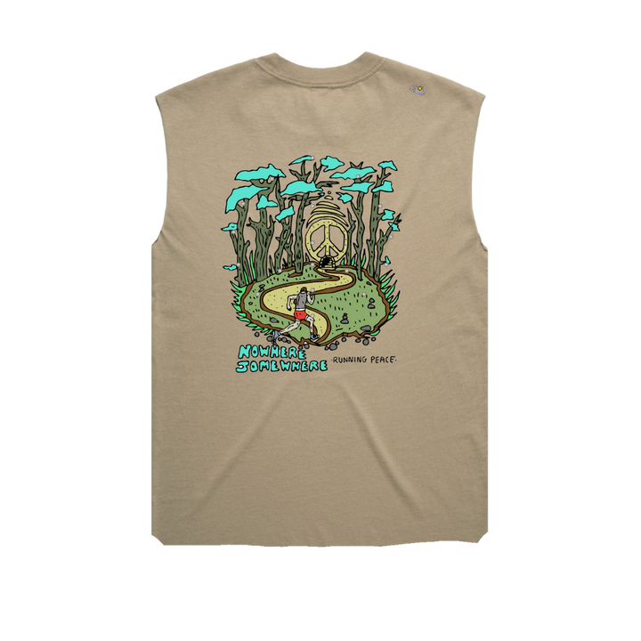 Nowhere Somewhere Peace Tee Tank in sand colour with custom artwork