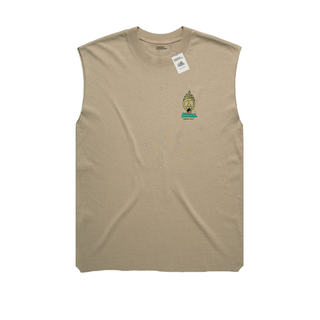 Nowhere Somewhere Peace Tee Tank in sand colour with custom artwork