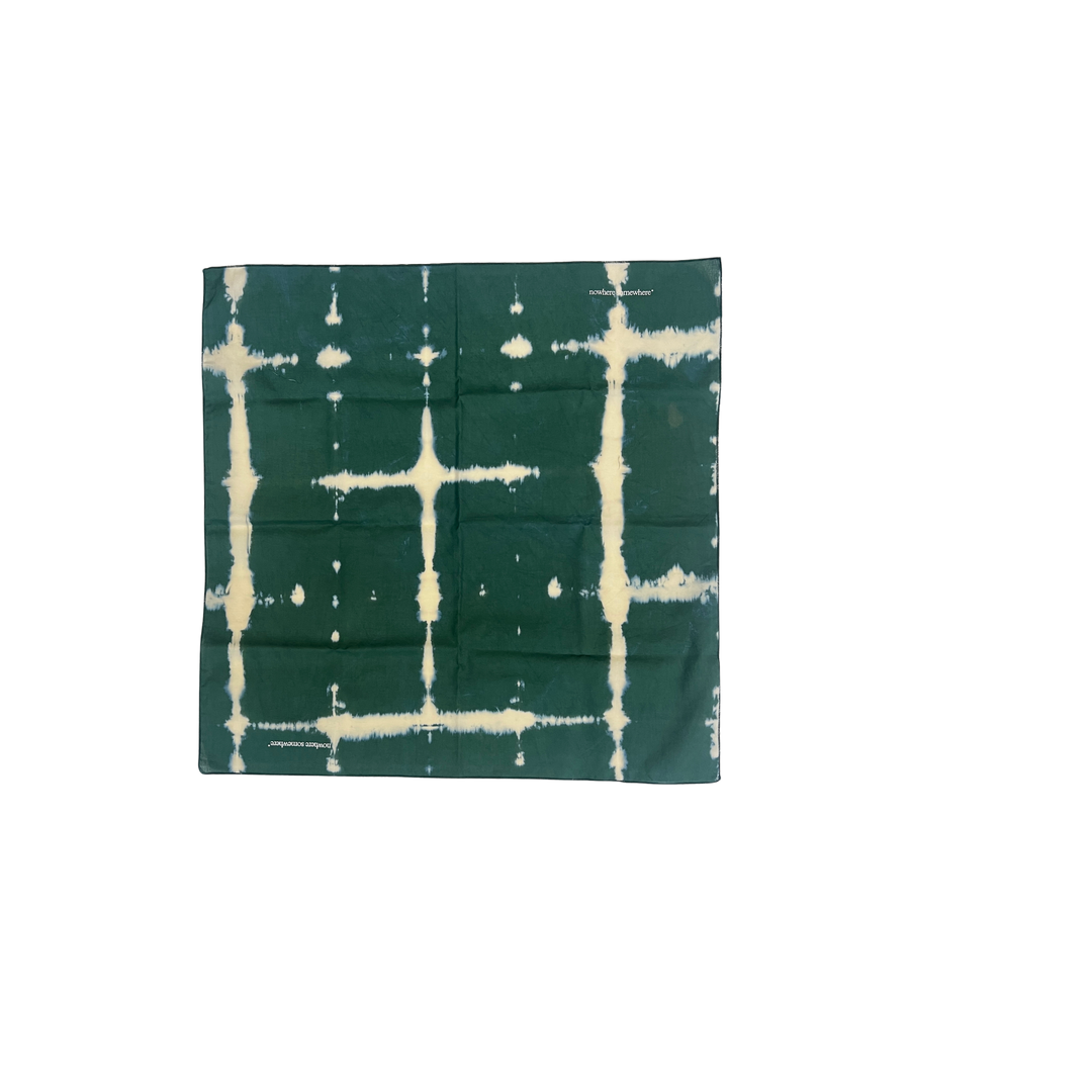 Nowhere Somewhere Peace Bandana in indigo, flat lay