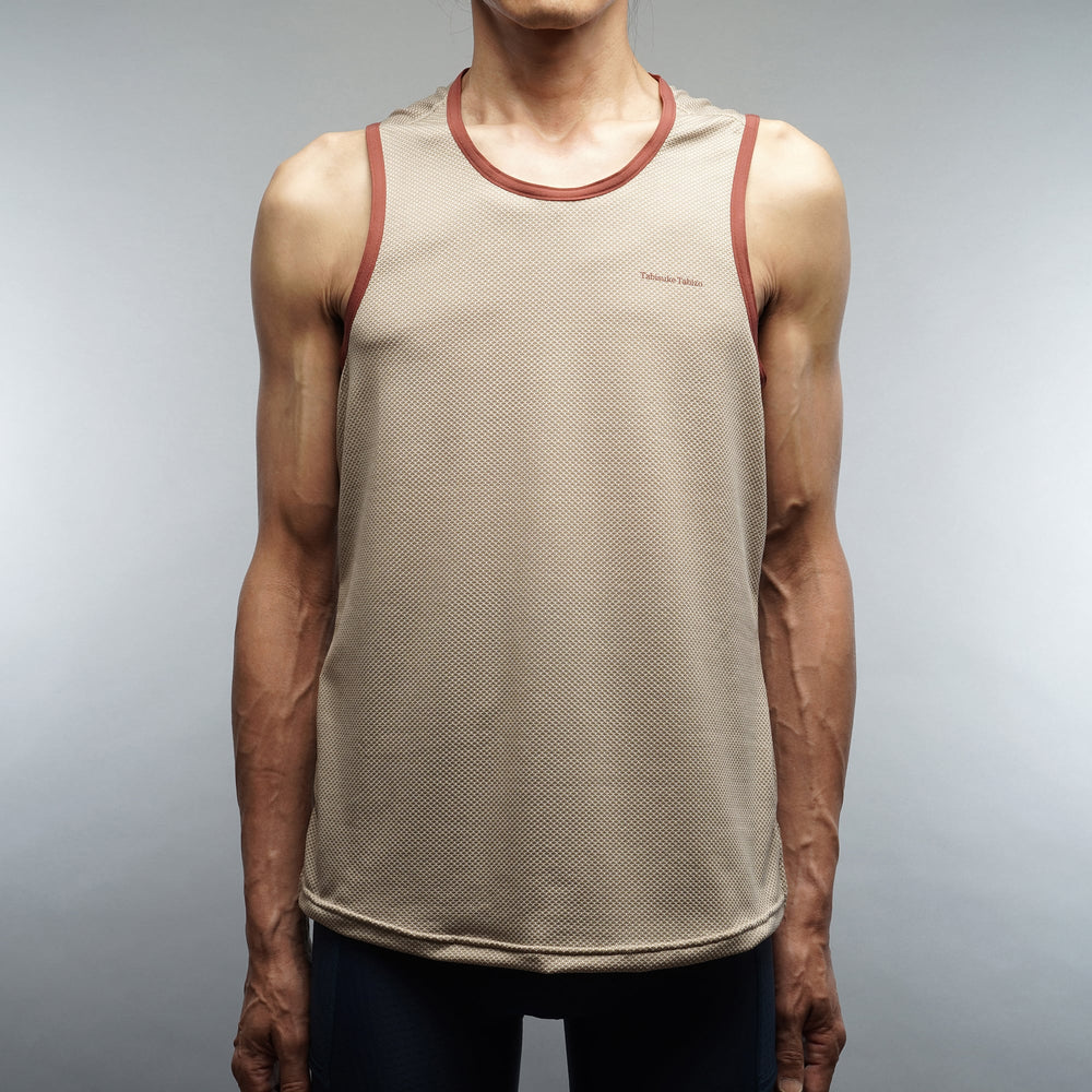 T2 Racing Singlet in beige made with Polartec® Delta™, lightweight marathon running tank with relaxed A-line fit
