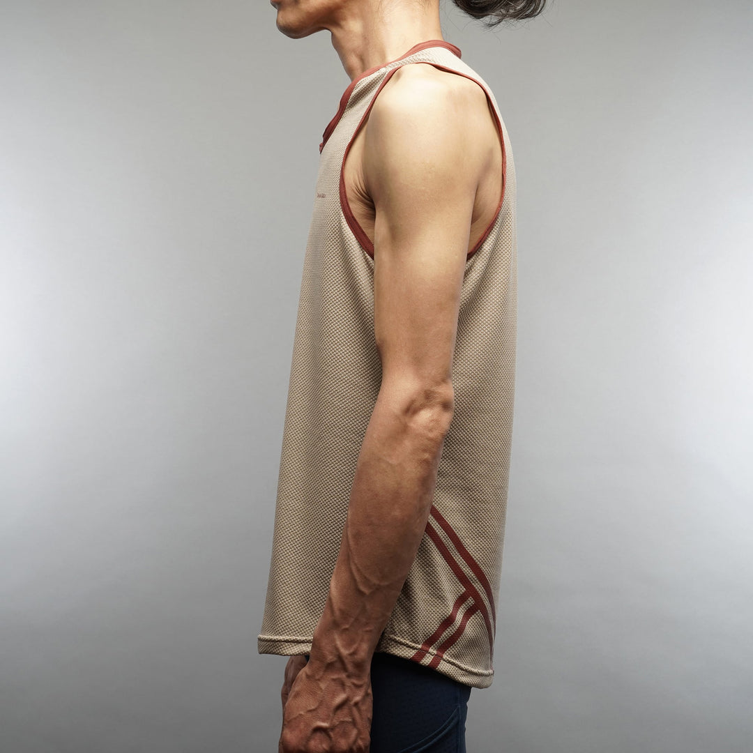 T2 Racing Singlet in beige made with Polartec® Delta™, lightweight marathon running tank with relaxed A-line fit