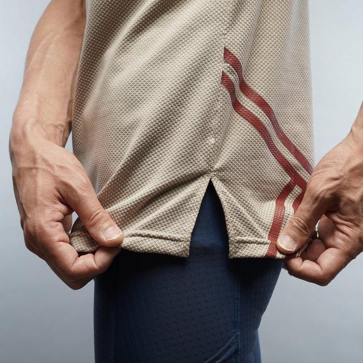 T2 Racing Singlet in beige made with Polartec® Delta™, lightweight marathon running tank with relaxed A-line fit