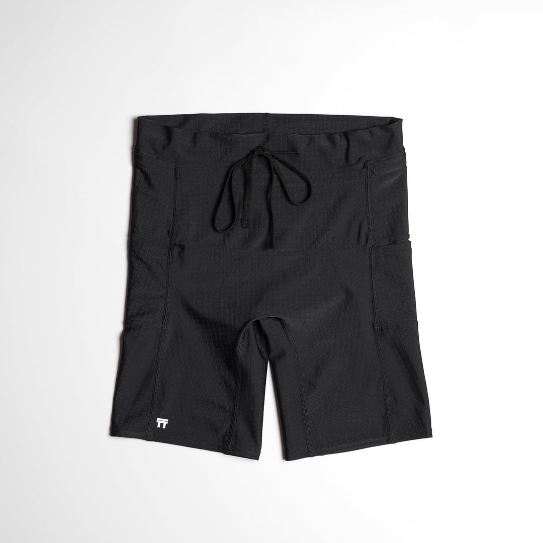 T2 Racing Tights short marathon tights in black with six-pocket race layout and lightweight compressive fabric