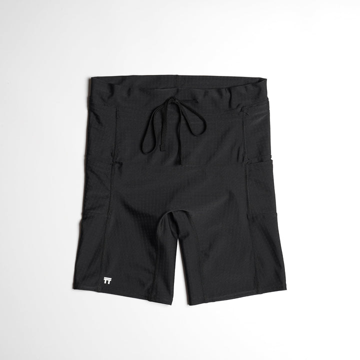 T2 Racing Tights short marathon tights in black with six-pocket race layout and lightweight compressive fabric