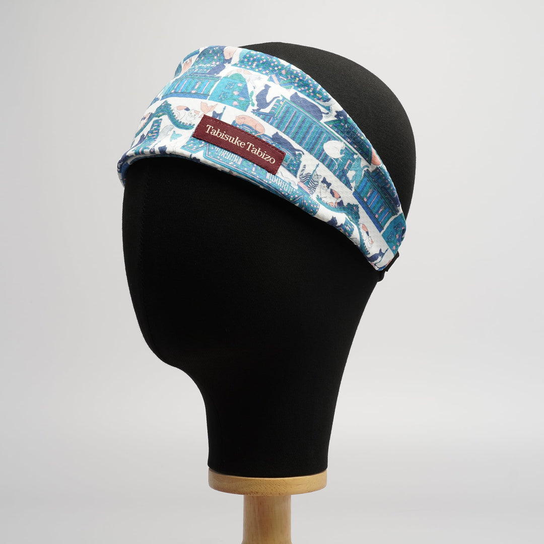 Tabisuke Tabizo T2 Running Head Band in PCP Cat print, lightweight adjustable running headband with illustrated cat pattern