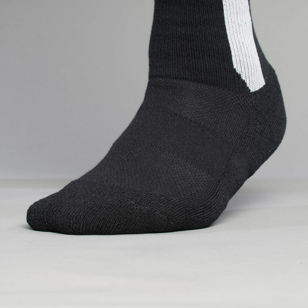 Black crew-length T2 Ultra Socks by Tabisuke Tabizo, featuring foot-mapped knit structure, arch compression, and durable fabric for trail running and fastpacking.