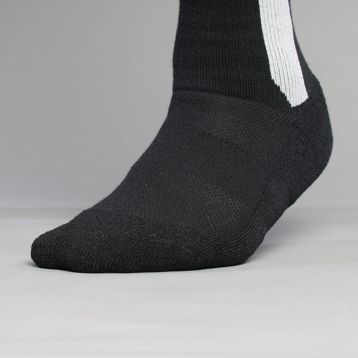 Black crew-length T2 Ultra Socks by Tabisuke Tabizo, featuring foot-mapped knit structure, arch compression, and durable fabric for trail running and fastpacking.