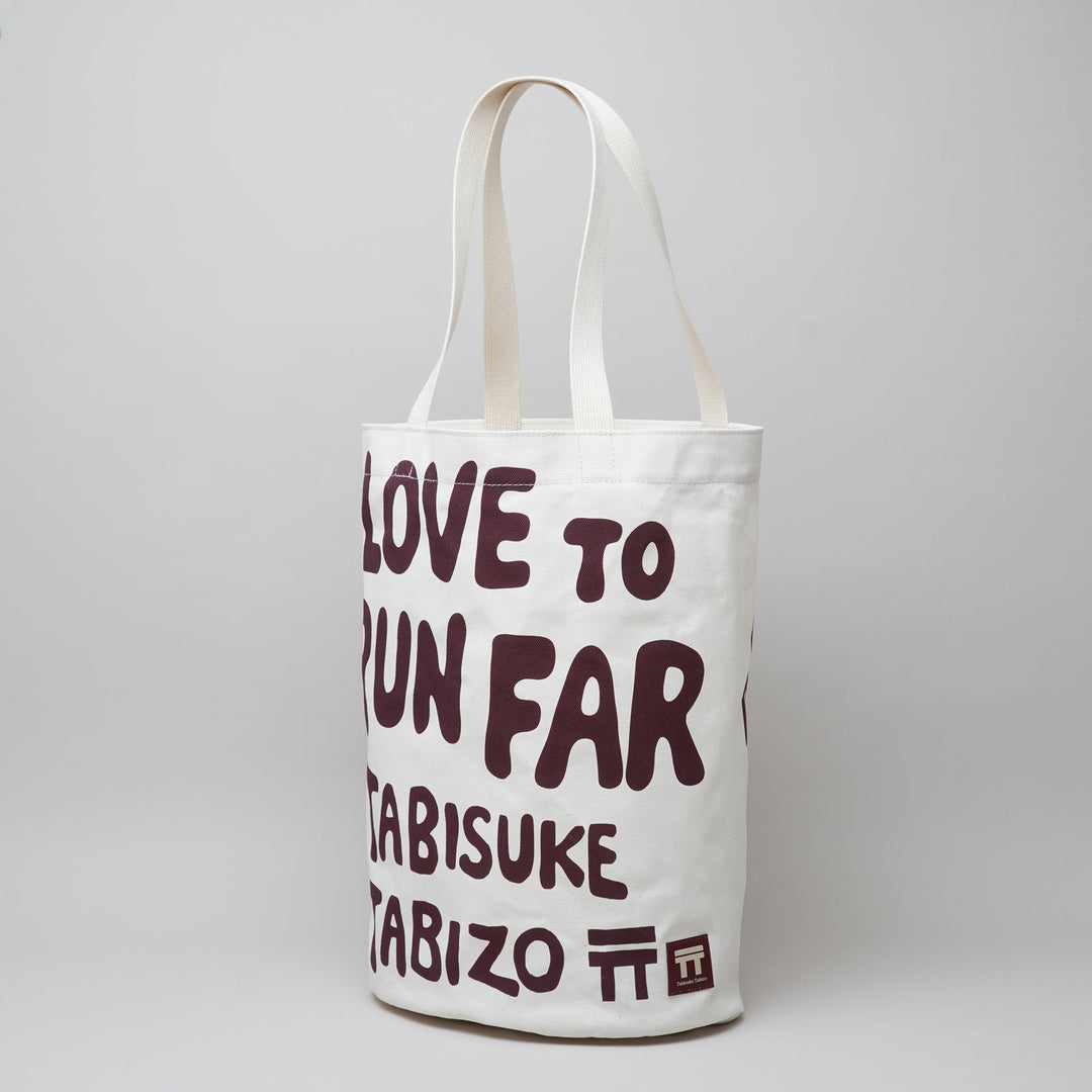 White T2 Totebag JERRY canvas tote with “Love to run far” graphic and long handles
