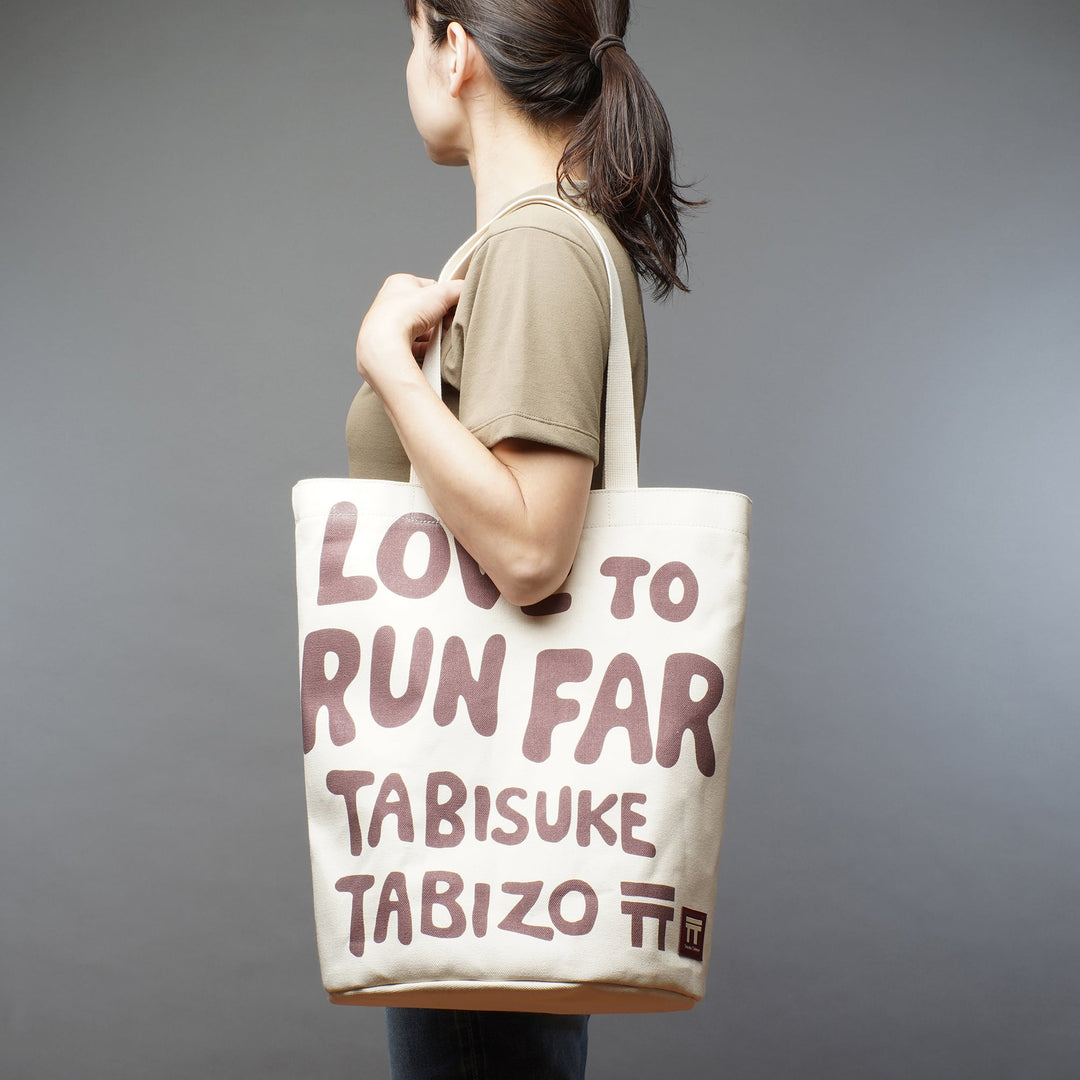 White T2 Totebag JERRY canvas tote with “Love to run far” graphic and long handles