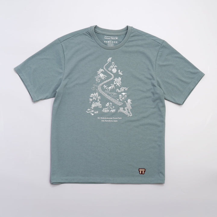T2 - Trail Tee by Mariko Yamamoto in blue-gray, a relaxed-fit T-shirt made of high-performance fabric, suitable for outdoor activities.
