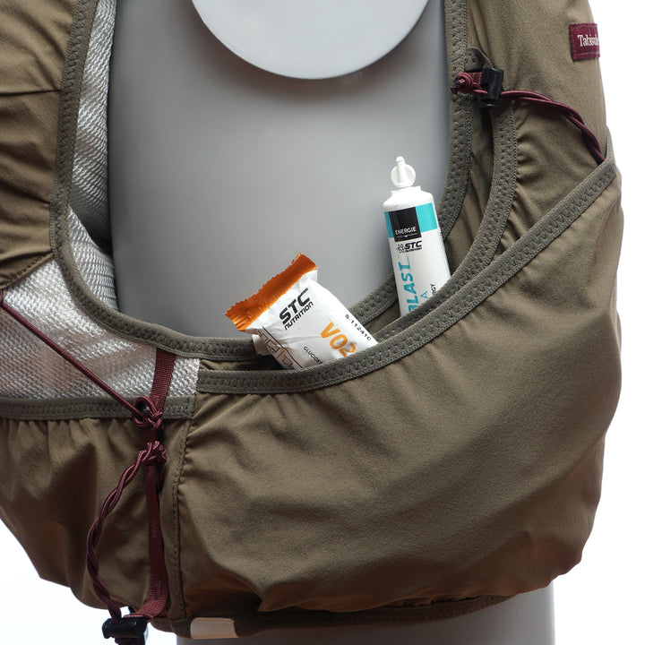 Khaki T2 Ultra 10 running vest with high-mounted storage, front flask pockets, and T2 High Mount Fit™ 2.0 system