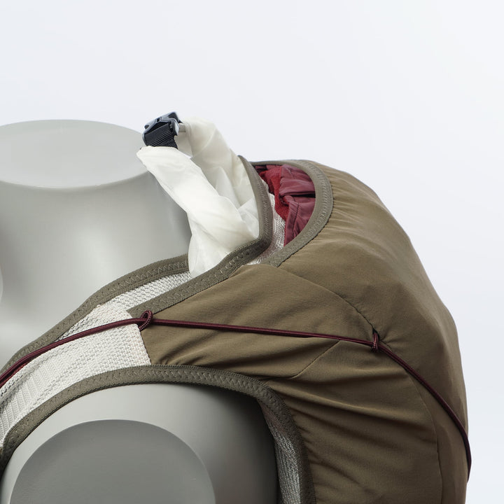 Khaki T2 Ultra 10 running vest with high-mounted storage, front flask pockets, and T2 High Mount Fit™ 2.0 system