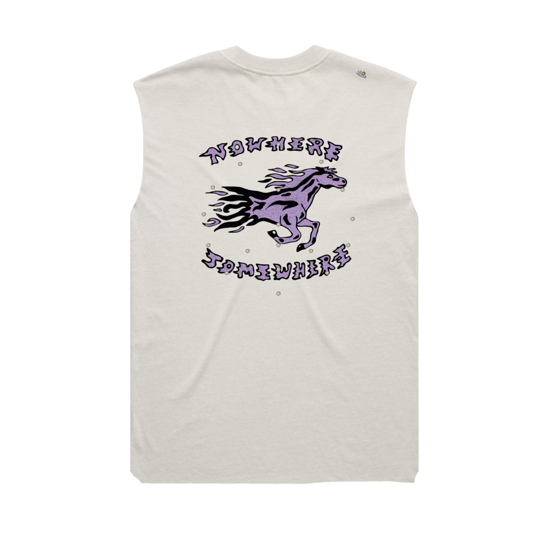 Nowhere Somewhere Tear It Up Horse Tank in off white with custom artwork