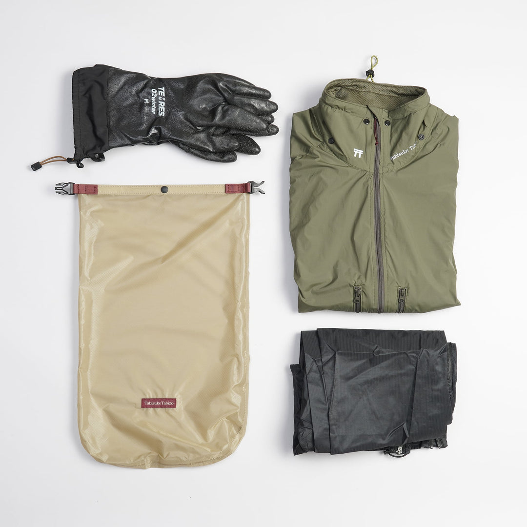 Tabisuke Tabizo T2 Waterproof Pouch #3 in beige, lightweight B4 dry pouch made from CORDURA® ripstop nylon for storing rainwear and accessories
